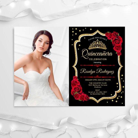 Quinceanera Party With Photo - Black Red Gold