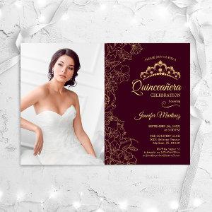 Quinceanera Party With Photo Burgundy Gold Floral