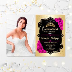 Quinceanera Party With Photo - Gold Black Pink