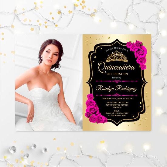 Quinceanera Party With Photo - Gold Black Pink