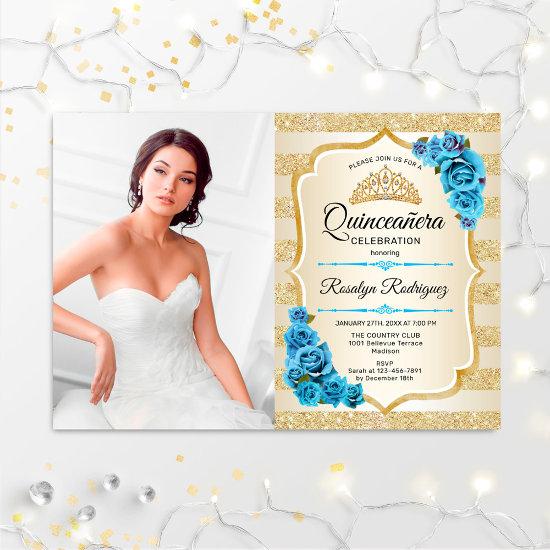 Quinceanera Party With Photo - Gold Turquoise Blue