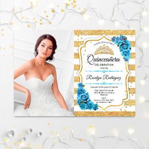 Quinceanera Party With Photo - Gold Turquoise Blue
