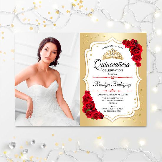 Quinceanera Party With Photo - Gold White Red