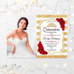 Quinceanera Party With Photo - Gold White Stripes