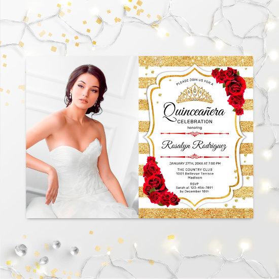 Quinceanera Party With Photo - Gold White Stripes