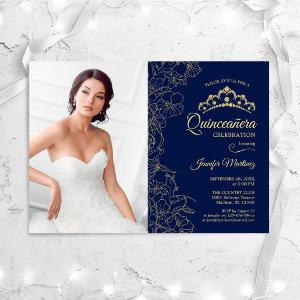Quinceanera Party With Photo - Navy Gold Floral