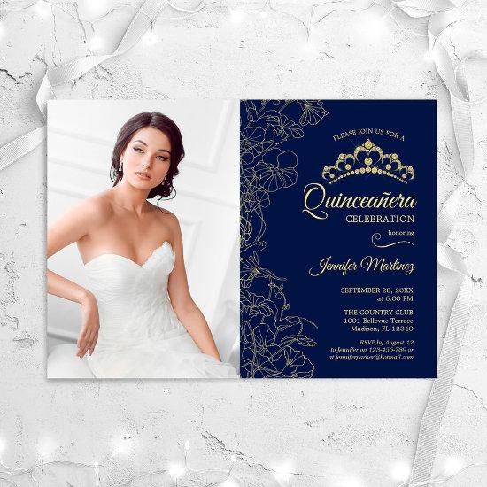 Quinceanera Party With Photo - Navy Gold Floral