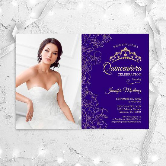 Quinceanera Party With Photo - Purple Gold Floral