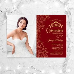 Quinceanera Party With Photo - Red Gold Floral