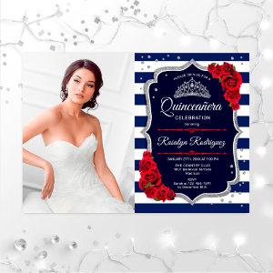 Quinceanera Party With Photo - Red Silver Navy