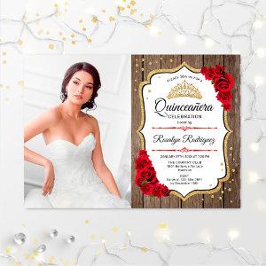 Quinceanera Party With Photo - Rustic Wood Gold