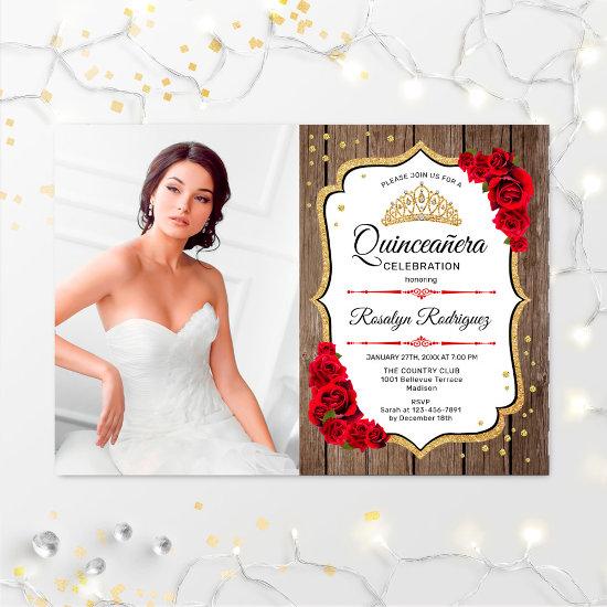 Quinceanera Party With Photo - Rustic Wood Gold