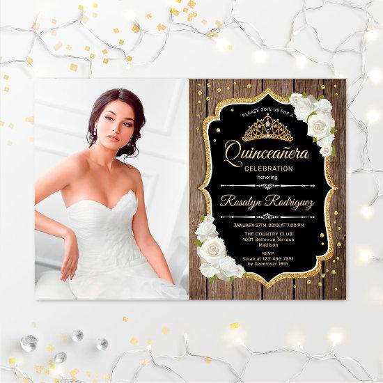 Quinceanera Party With Photo - Rustic Wood Gold