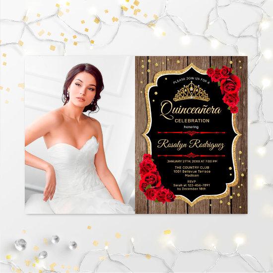 Quinceanera Party With Photo - Rustic Wood Red