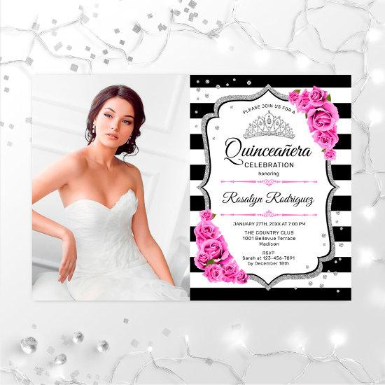 Quinceanera Party With Photo - Silver Pink White