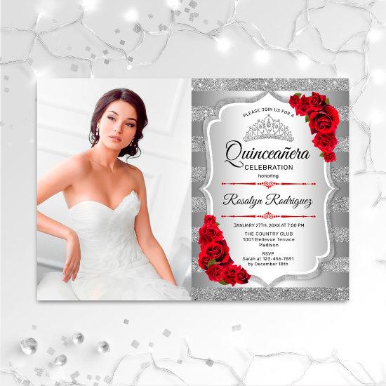 Quinceanera Party With Photo - Silver Red