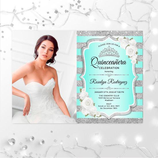 Quinceanera Party With Photo - Silver Turquoise