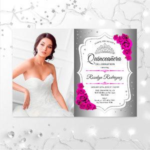 Quinceanera Party With Photo - Silver White Pink
