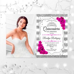 Quinceanera Party With Photo - Silver White Pink