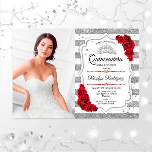 Quinceanera Party With Photo - Silver White Red