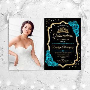 Quinceanera Party With Photo - Teal Black Gold