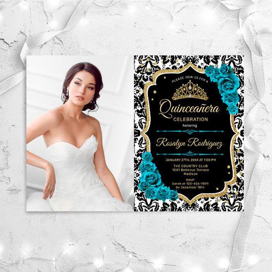 Quinceanera Party With Photo - Teal Gold Black