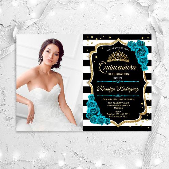 Quinceanera Party With Photo - Teal Gold Black
