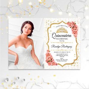 Quinceanera Party With Photo - White Gold Floral