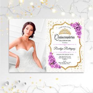 Quinceanera Party With Photo - White Gold Purple