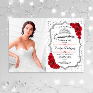 Quinceanera Party With Photo - White Silver Red