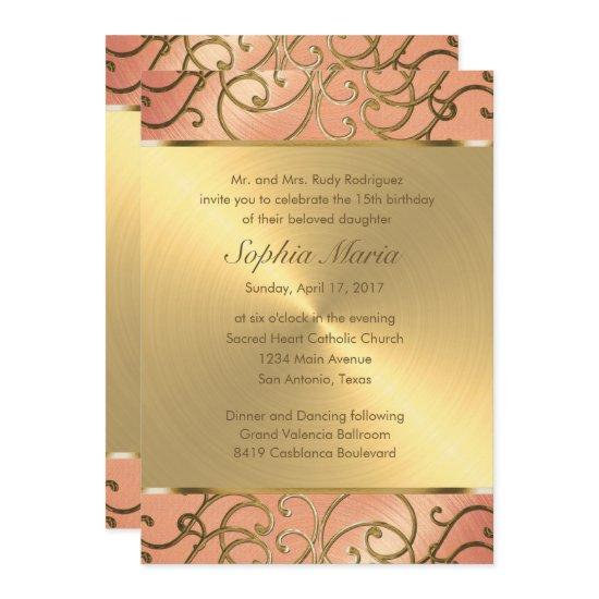 Quinceanera Peach and Gold Filigree Swirls