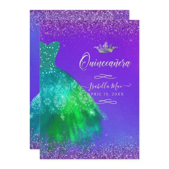 Quinceanera Peacock Teal Ombre Glitter Gown