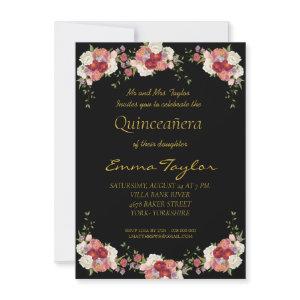 Quinceañera Peony Floral Black Gold Birthday