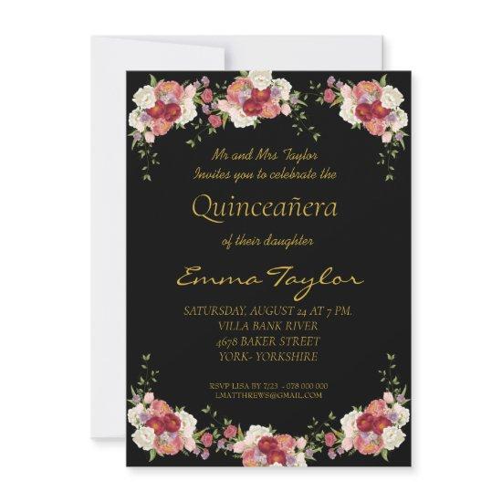 Quinceañera Peony Floral Black Gold Birthday