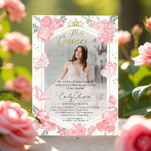 Quinceanera Photo  Pink Floral Gold Foil