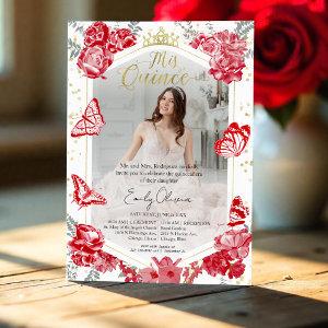 Quinceanera Photo  Red Floral Gold Foil