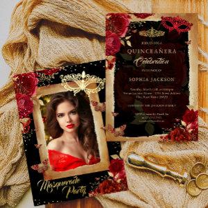 Quinceanera Photo Masquerade Party Red Rose Gold  Foil