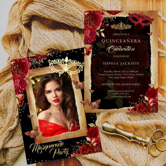 Quinceanera Photo Masquerade Party Red Rose Gold  Foil