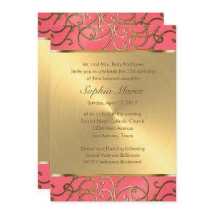 Quinceanera Pink and Gold Filigree Swirls