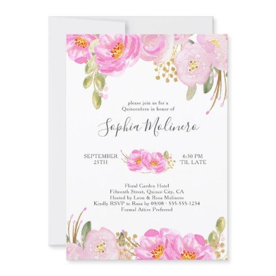 Quinceanera Pink and Gold Watercolor Floral
