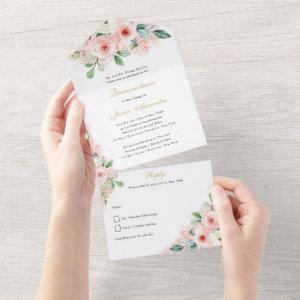 Quinceañera Pink and Gold Watercolor Flowers All In One