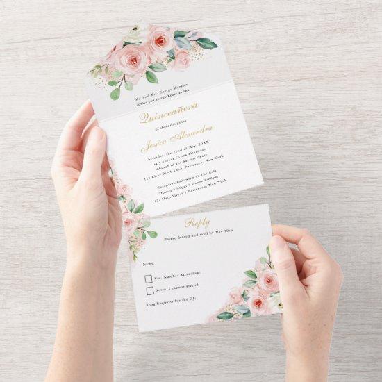 Quinceañera Pink and Gold Watercolor Flowers All In One