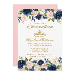 Quinceanera Pink Blue Floral Gold Crown