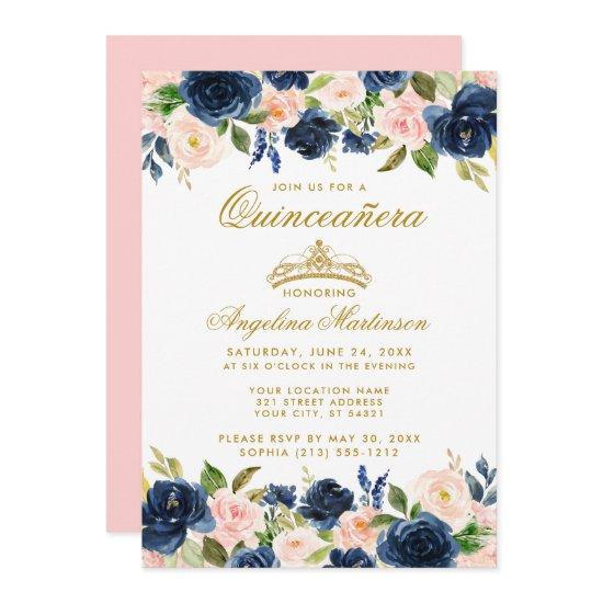 Quinceanera Pink Blue Floral Gold Crown