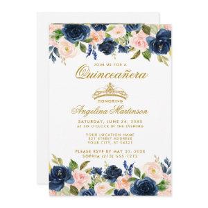Quinceanera Pink Blue Floral Gold Crown Photo