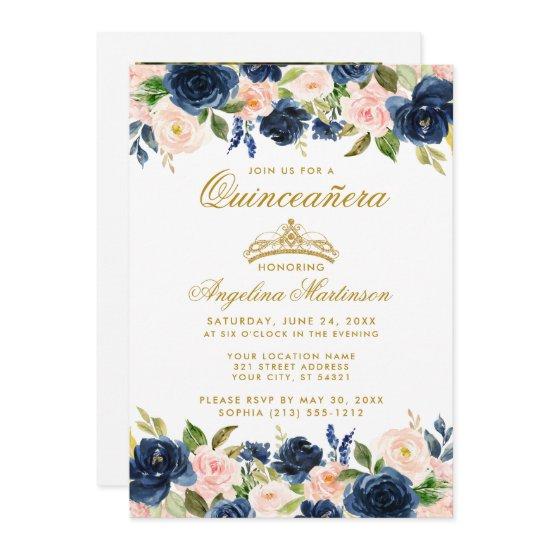 Quinceanera Pink Blue Floral Gold Crown Photo