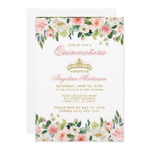 Quinceanera Pink Blush Floral Gold Crown Photo