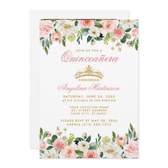 Quinceanera Pink Blush Floral Gold Crown Photo