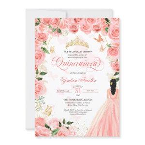 Quinceanera Pink Blush Roses Elegant Butterfly Inv