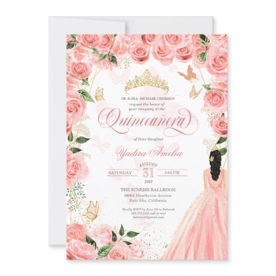 Quinceanera Pink Blush Roses Elegant Butterfly Inv